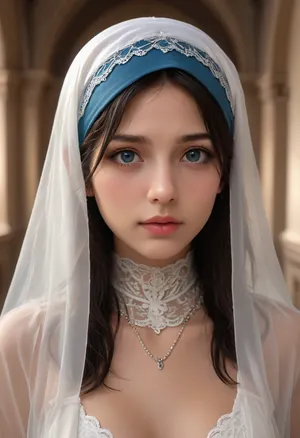 fine facial features, very beautiful, sweet, modest, thin Muslim girl, Muslim girl 18 years old, standing in the bedroom, the Muslim woman is wearing blue thongs, a bra, stockings, a stocking hanger, on her head is a blue Muslim transparent headscarf, close up of a girl, there is a transparent veil on the face, the face is covered with a transparent veil