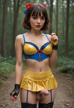 brunette adult transgender, shemale, dickgirl, looking like Disney's Snow White with a girl cock, (23 years old), (yellow latex skirt:1.4), (short skirt:1.9), (tight skirt:1.4), (blue leather bustier:1.4), black fish net stockings, (garter stockings:1.4), blue garter belt, (red hair bow:1.2), (black lace gloves:1.2), solo, one person, outdoors, in the forest, sweaty skin, aesthetic, athletic, sharp, textured skin, slender body, (black hair, wavy fringe bangs, wavy bob haircut), angular face, black eyes, large dark eyes, extremely beautiful face, blush, freckles, full lips, thick lips, red lipstick, seductive, medium sized penis, 4 inch long penis, uncircumcised penis, (foreskin:1.3), precum very clearly visible, (precum:1.9), fully erected penis, (detailed big testicles:1.2), juicy testicles, detailed genitals, small cup A breasts, erect nipples, pierced nipples, (pierced belly button:1.1), detailed, slim, waist, hourglas figure, (perfect fingers:1.2), red painted long fingernails, (red fingernails:1.5), pale white skin, perfect skin, ultra high details, photographed by a 70mm lens, full length photo, full body photo, (photorealistic:1.5)