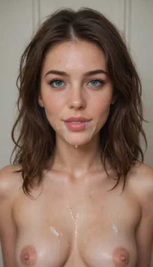 super close shot of bukkake, (viewed from side), happy open smile, hd detailed dark grey/green/blue coloured eyes and iris, ((fluffy long wet hair)), long runny thick cumshots, facial portrait picture of her face in cum facial, with natural minimal makeup, (looking at viewer), a lot of Cum on her face and between her perky saggy pointy medium wide_set pert breasts, (huge perky puffy areola and long thick conical extra puffy nipples visible), cum on her eyelashes, Cum on her eyelids, Cum on her cheeks, her face covered with Cum, Cum on her pink lips. cum on her hair, cum in mouth, (brunette haired, aged 37, older, 37yo), woman, cum, on, face, facialized, superfacialized, <lora:JustCum:1.4>, <lora:facialized:1.4>
