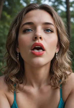 in the middle of the forest at night, my pov, looking down, beautiful 40 year old milf, long curly multi color hair, bright blue eyes, red lips, mouth open, lots cum all over her face