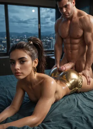(sweaty:1.3), (prone:1.3), (petite and toned pakistani woman:1.5), (huge brute:1.1), dark bedroom, window, night, brunette hair in high ponytail, tight shiny gold latex shorts, very glossy latex, beautiful woman, perfect face details, jewelry, bent forward, tall caucasian man, muscular caucasian man, standing, man doggystyle, massive cock, assjob, midnight illuminate, models face and body, sexual intercourse with muscular man, luxury bedroom sex, sweaty woman, doggystyle, cock not in pussy, hidden camera view from behind, looking, at, viewer, <lora:looking_at_viewer:.8>