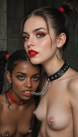 (((two 18 year old African American vampire girls))), black skin, neck bitting, midevil, glowing red eyes, black eyeshadow, sad face, closed mouth, one with black hair with rainbow hair, ponytails, red lipstick, blood dripping out of the corners of the mouth, vampire, vampire teeth, in a dark graveyard, bound in chains, nipple rings, earrings, collar, perfect tiny breasts