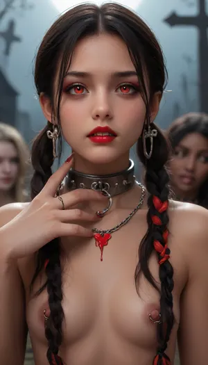 (((two 18 year old African American vampire girls))), black skin, neck bitting, midevil, glowing red eyes, black eyeshadow, sad face, closed mouth, one with black hair with rainbow hair, ponytails, red lipstick, blood dripping out of the corners of the mouth, vampire, vampire teeth, in a dark graveyard, bound in chains, nipple rings, earrings, collar, perfect tiny breasts, Subspecies, style, EdobVampWoman, <lora:Subspecies style:.8>, <lora:EdobVampWoman_XL_v1.0:.8>