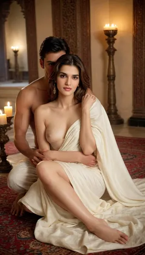 Kriti Sanon, 30 years old, oily and glossy skin, wavy hair, ultra realistic image, real human, kriti, sanon, The image depicts an intimate moment between a man and a woman seated closely together on a richly patterned rug, surrounded by ornate decor and warm candlelight within an opulent, palace-like setting. The woman is wrapped in a draped sheet, baring her shoulders and arms, while the man sits shirtless beside her, his arm gently resting around her waist. Their close posture and the serene ambiance created by golden candlelight contribute to a sensual, romantic atmosphere, emphasizing their physical closeness and the elegant, luxurious environment around them., I'd suggest this prompt for a sensual and intimate image, "A couple in a dimly lit, lavishly decorated ancient Indian palace, sitting closely on intricately patterned rugs. The woman wears a draped white silk garment, and the man is shirtless with brown draped lower garment. Soft candlelight casts warm shadows. They gaze into each other's eyes with tender affection, hands touching intimately." 😍, 111cine8matic55, <lora:Kriti_Sanon_SDXL_LoRA:.8>, <lora:600523_training_data:.8>, <lora:679571_training_data:.8>, <lora:TLS:.8>, looking on camera, see-through_silhouette, towel, nude, <lora:towl_see:.8>