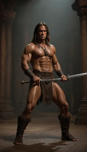 uber realistic image, fullcolor image, full body view, 8K quality, ultra detailed, masterpiece, Conan the Barbarian, swinging his sword.