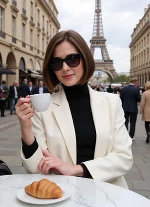 (photorealistic:1.2), (elegant French woman:1.1), with a chic, (invited bob hairstyle:1.2), and, (black sunglasses:1.1), wearing a, (white blazer:1.15), over a, (black turtleneck sweater:1.1), sitting at a, (marble café table:1.2), bringing a, (small white coffee cup:1.1), to her lips, (view from chest up:1), 05, (black designer handbag:1.15), (croissant on a saucer:1.1), on the table next to her, (Paris café:1.3), (Eiffel Tower in background:1.2), between classic Osman buildings, cloudy sky, detailed busy street, soft natural light, (shallow depth of field:1.1), professional photography, (bokeh), hyper-detailed, sharp focus, vivid colors, award-winning photography, cinematic, 8k.