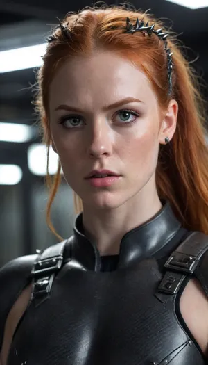 female, 25 years old, long ginger hair, messy hairstyle, green eyes, freckles, extremely beautiful, angry, (muscular:1.4), small muscular breasts, (chiseled pecs:1.4), eye contact, cyber punk, in space, dark starship, uggly window, high detailed, close to face, portrait, nose ring, nose piercing, septum ring, (fully dressed in dark grey carbon combat gear with sharp metal spikes:1.5), From below