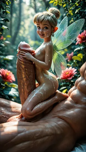 score_9, score_8_up, score_7_up, Disney, cute oiled wet after bukkake, tiny fairy on the side a gigantic cock, arms and legs wrapped around cock, titjob, (detail gigantic cock:1), (gigantic size difference:1.5), (laid on cock, cock is her bed), Tinkerbell, 18 year old, fairy wings, full naked, sexy pose, (flatchest), focus on face, frontside view, looking at viewer, forest many flowers, illuminating Tinkerbell igbaddie, Tinker-Bell, <lora:MJ52:.8>, <lora:Cine Princesses:.4>
