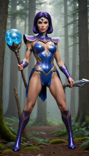 (masterpiece, best quality, ultra HD, hyper-realistic, high res, ultra realistic 8k cg), ((full body view)), Evil-Lyn from Masters of the Universe, he-man, masters of the universe, signature outfit, walking in forest, toned legs, holding staff with orb