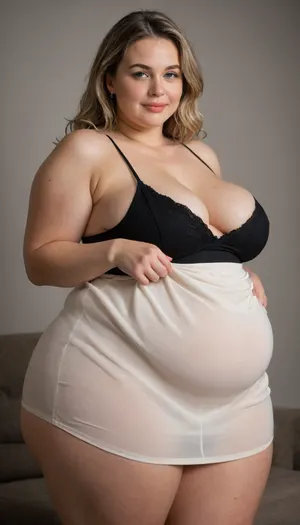 The image features a 60 year old mature European woman with straight, light brunette hair with highlights that falls to her shoulders. Her face is full with a plump complexion, yet her features remain well-defined. She has soft, full lips that curve into a sexy smile, and her eyes, which are a light color, maintain direct and captivating eye contact with the viewer, conveying a sense of seduction and approachability. Her body type is curvy and plump, (obese:1.5), pear shaped figure, with big hips, and, plump waist, accentuated by the tight, black spaghetti strap minidress she is wearing. The dress highlights her figure and is revealing, and the fabric is semitransparent. She stands in a profile pose, angled slightly, which emphasizes her curves and plump body. The lighting in the image is soft, suggesting a studio setting with professional illumination. RAW photo, subject, ultra-realistic lifelike high definition portrait of a mature exotic European woman, chubby face, plump facial features, juicy soft full lips with a beautiful smile, captivating light-colored eyes maintaining seductive direct eye contact with the viewer, obese plump and curvy body type, 8k uhd, soft lighting, high quality, film grain, Fujifilm XT3, dynamic angle, (high detailed skin:1.1), professional studio photography, serene, sexy, erotic mood, detailed