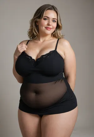 The image features a 60 year old mature European woman with straight, light brunette hair with highlights that falls to her shoulders. Her face is full with a plump complexion, yet her features remain well-defined. She has soft, full lips that curve into a sexy smile, and her eyes, which are a light color, maintain direct and captivating eye contact with the viewer, conveying a sense of seduction and approachability. Her body type is curvy and plump, (obese:1.5), pear shaped figure, with big, hips, and plump, waist, accentuated by the sleeveless black spaghetti strap black minidress she is wearing. The dress highlights her figure and is revealing, and the fabric is semitransparent. She stands in a profile pose, angled slightly, which emphasizes her curves and plump body. The lighting in the image is soft, suggesting a studio setting with professional illumination. RAW photo, subject, ultra-realistic lifelike high definition portrait of a mature exotic European woman, chubby face, plump facial features, juicy soft full lips with a beautiful smile, captivating light-colored eyes maintaining seductive direct eye contact with the viewer, obese plump and curvy body type, 8k uhd, soft lighting, high quality, film grain, Fujifilm XT3, dynamic angle, (high detailed skin:1.1), professional studio photography, serene, sexy, erotic mood, detailed