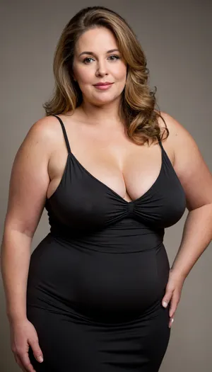 The image features a 60 year old mature European woman with straight, light brunette hair with highlights that falls to her shoulders. Her face is full with a plump complexion, yet her features remain well-defined. She has soft, full lips that curve into a sexy smile, and her eyes, which are a light color, maintain direct and captivating eye contact with the viewer, conveying a sense of seduction and approachability. Her body type is curvy and plump, (obese:1.5), pear shaped figure, with big, hips, and plump, waist, accentuated by the, (sleeveless black spaghetti strap black minidress), she is wearing. The dress highlights her figure and is revealing, and the fabric is thin and light. She stands in a profile pose, angled slightly, which emphasizes her curves and plump body. The lighting in the image is soft, suggesting a studio setting with professional illumination. RAW photo, subject, ultra-realistic lifelike high definition portrait of a mature exotic European woman, chubby face, plump facial features, juicy soft full lips with a beautiful smile, captivating light-colored eyes maintaining seductive direct eye contact with the viewer, obese plump and curvy body type, 8k uhd, soft lighting, high quality, film grain, Fujifilm XT3, dynamic angle, (high detailed skin:1.1), professional studio photography, serene, sexy, erotic mood, detailed
