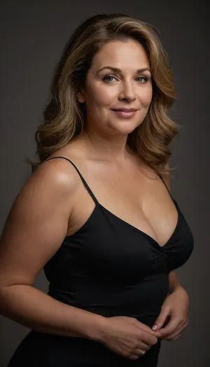 The image features a 60 year old mature European woman with straight, light brunette hair with highlights that falls to her shoulders. Her face is full with a plump complexion, yet her features remain well-defined. She has soft, full lips that curve into a sexy smile, and her eyes, which are a light color, maintain direct and captivating eye contact with the viewer, conveying a sense of seduction and approachability. Her body type is curvy and plump, (obese), pear shaped figure, with big, hips, and waist, accentuated by the, (sleeveless spaghetti strap black minidress, she is wearing. The dress highlights her figure and is revealing, and the soft fabric clings to her body), She stands in a profile pose, angled slightly, which emphasizes her curves and plump body. The lighting in the image is soft, suggesting a studio setting with professional illumination. RAW photo, subject, ultra-realistic lifelike high definition portrait of a mature exotic European woman, chubby face, plump facial features, juicy soft full lips with a beautiful smile, captivating light-colored eyes maintaining seductive direct eye contact with the viewer, obese plump and curvy body type, 8k uhd, soft lighting, high quality, film grain, Fujifilm XT3, dynamic angle, (high detailed skin:1.1), professional studio photography, serene, sexy, erotic mood, detailed