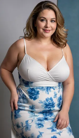The image features a obese bbw 60 year old mature European woman with straight, light brunette hair with highlights that falls to her shoulders. Her face is full with a plump complexion, yet her chubby mature features remain well-defined. She has soft, plump, large, full lips that curve into a sexy smile, lipstick, and her eyes, which are a light color, maintain direct and captivating eye contact with the viewer, conveying a sense of seduction and approachability. Her body type is fat and very plump, (obese:1.5), she has a pear shaped figure, with big, hips, and, waist, accentuated by the, (sleeveless spaghetti strap White sundress with blue floral print:1.3), she is wearing. The dress highlights her figure and is revealing, and the fabric is light. She stands in a seductive profile pose, angled, dynamic angle, which emphasizes her curves, big hips and plump body. The lighting in the image is soft, suggesting a studio setting with professional illumination. RAW photo, subject, ultra-realistic lifelike high definition portrait of a mature bbw exotic European woman, chubby face, plump facial features, round face, juicy soft full lips with a beautiful smile, captivating light-colored eyes maintaining seductive direct eye contact with the viewer, obese plump and curvy body type, 8k uhd, soft lighting, high quality, film grain, Fujifilm XT3, (high detailed skin:1.1), professional studio photography, serene, sexy, erotic mood, detailed, her breasts are soft and squishy and very saggy