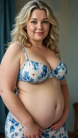 High angle shot, The image features a obese bbw 60 year old mature European woman with straight, light brunette hair with highlights that falls to her shoulders. Her face is full with a plump complexion, yet her chubby mature features remain well-defined. She has soft, plump, large, full lips that curve into a sexy smile, lipstick, and her eyes, which are a light color, maintain direct and captivating eye contact with the viewer, conveying a sense of seduction and approachability. Her body type is fat and very plump, (obese:1.8), she has a pear shaped figure, with big, hips, and, waist, accentuated by the, (sleeveless spaghetti strap White sundress with blue floral print:1.3), she is wearing. The dress highlights her figure and is revealing, and the fabric is light. She stands in a seductive profile pose, angled, dynamic angle, which emphasizes her curves, big hips and plump body. The lighting in the image is soft, suggesting a studio setting with professional illumination. RAW photo, subject, ultra-realistic lifelike high definition portrait of a mature bbw exotic European woman, chubby face, plump facial features, round face, juicy soft full lips with a beautiful smile, captivating light-colored eyes maintaining seductive direct eye contact with the viewer, obese plump and curvy body type, 8k uhd, soft lighting, high quality, film grain, Fujifilm XT3, (high detailed skin:1.1), professional studio photography, serene, sexy, erotic mood, detailed, her breasts are soft and squishy and very saggy, <lora:MJ52:.5>, <lora:add-detail-xl:.8>
