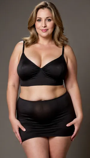 The image features a 60 year old mature European woman with straight, light brunette hair with highlights that falls to her shoulders. Her face is full with a plump complexion, yet her features remain well-defined. She has soft, full lips that curve into a sexy smile, and her eyes, which are a light color, maintain direct and captivating eye contact with the viewer, conveying a sense of seduction and approachability. Her body type is curvy and plump, (obese:1.5), pear shaped figure, with big hips, and, plump waist, plump pubis, accentuated by the tight, black spaghetti strap minidress she is wearing. The dress highlights her figure and slightly revealing, and the fabric appears thin. She stands in a profile pose, angled slightly, which emphasizes her curves and plump body. The lighting in the image is soft, suggesting a studio setting with professional illumination. RAW photo, subject, ultra-realistic lifelike high definition portrait of a mature exotic European woman, (light brunette balayage straight shoulder-length hair with highlights:1.2), chubby face, plump facial features, juicy soft full lips with a beautiful smile, captivating light-colored eyes maintaining seductive direct eye contact with the viewer, obese plump and curvy body type, 8k uhd, soft lighting, high quality, film grain, Fujifilm XT3, dynamic angle, (high detailed skin:1.1), professional studio photography, serene, sexy, erotic mood, detailed