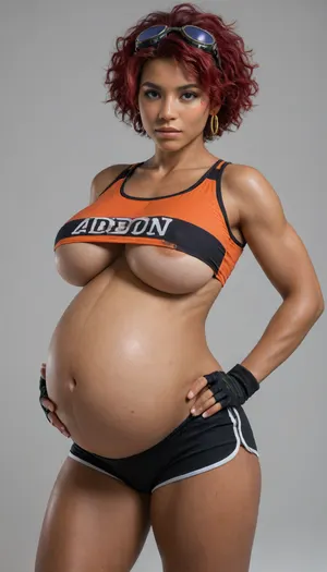 (bebop), edward wong hau pepelu tivrusky iv, 1girl, blush stickers, (dark skin:1.5), female focus, fingerless gloves, gloves, goggles, hand on own hip, huge breasts, muscular female, navel, (pregnant:1.4), red hair, short hair, shorts, solo, sweat, thick thighs, thighs, underboob