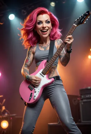 funny caricature, rocker female human caricature, middle-aged caucasian female, 38 years old, red flowing hair, tattooed arms, athletic build, big cartoonish head, exaggerated caricature features, confident expression, wearing gray crop top, pink baggy pants, white sneakers, black guitar strap, caricature style with bold outlines, on stage, gigs, lights, vivid colors, dramatic shading, whimsical, playful, digital painting style with vibrant colors, smooth gradients, glossy highlights