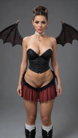 succubus, solo, mature look, full lips, thick lips, multicolored skin, black skin, red skin, undercut hair, pointed gigantic horns, multicolored black red very very gigantic succubus wings, succubus tail, slim, large breasts, .
A figure-hugging corset bodysuit in classic white with delicate lace appliqués featuring traditional embroidery. The neckline is deep and sweetheart, with sheer mesh inserts on the sides that subtly reveal skin.

A short, layered tulle skirt with a holographic shimmer – cheekily high in the front, with a dramatic cape-like veil in the back.

A white choker with a Triforce pendant.

Fingerless gloves with embroidery.

A tiara.


White knee-high boots.

Two playful braids.

Makeup with shimmering pastel blue eyeshadow, eyeliner with a lightning bolt wing, and holographic lip gloss.
View from waist down, Sensual, erotic, exaggeratedly swollen pussy, extreme pussy cameltoe, Close up of