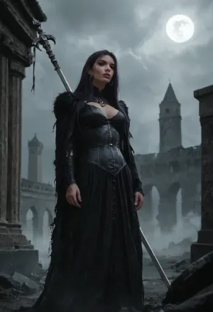 Dark and fearsome female champion of Shar, chosen warrior of the Mistress of the Night, tall and commanding with an athletic build. Pale violet-tinged skin, long flowing raven-black hair, piercing glowing violet eyes full of cold resolve. Wearing sinister black and deep purple armor engraved with crescent moons and shadow runes, flowing tattered cloak that trails into darkness, Shar’s black disk holy symbol glowing faintly at her chest. Armed with a jagged shadow-forged sword or staff radiating void energy. Standing in a temple of shadow or on a battlefield under a starless sky, tendrils of darkness swirling around her. Ultra-realistic high fantasy art, highly detailed, cinematic dark divine atmosphere, ominous and majestic.