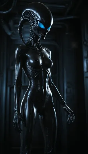 xenomorph female, black shiny exoskeleton, blue glowing eyes, long tail, sci-fi background, bright blue light, high contrast, high quality, realistic textures, full body, standing, alien, dark metallic, futuristic, smooth skin, low angle, very high aesthetic quality.