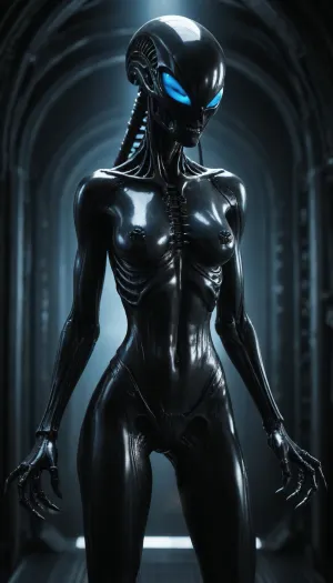 xenomorph female, black shiny exoskeleton, blue glowing eyes, long tail, sci-fi background, bright blue light, high contrast, high quality, realistic textures, full body, standing, alien, dark metallic, futuristic, smooth skin, low angle, very high aesthetic quality.