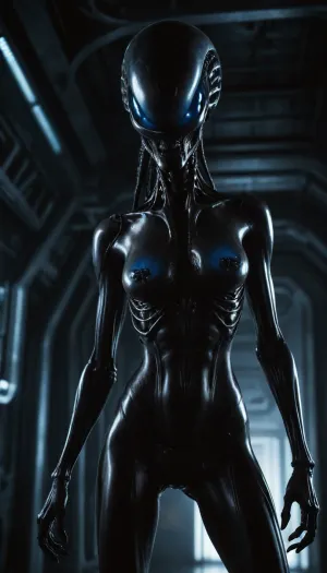 xenomorph female, black shiny exoskeleton, blue glowing eyes, long tail, sci-fi background, bright blue light, high contrast, high quality, realistic textures, full body, standing, alien, dark metallic, futuristic, smooth skin, low angle, very high aesthetic quality.