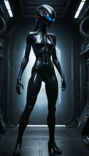 xenomorph female, black shiny exoskeleton, blue glowing eyes, long tail, sci-fi background, bright blue light, high contrast, high quality, realistic textures, full body, standing, alien, dark metallic, futuristic, smooth skin, low angle, very high aesthetic quality.