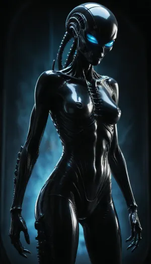 xenomorph female, black shiny exoskeleton, blue glowing eyes, long tail, sci-fi background, bright blue light, high contrast, high quality, realistic textures, full body, standing, alien, dark metallic, futuristic, smooth skin, low angle, very high aesthetic quality.