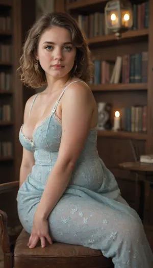 A serene, softly lit library with towering oak bookshelves and the warm glow of candlelight. Dust motes drift lazily in the air, catching the faint shimmer of magic. An enchanting young chubby plump woman with large, blue-grey eyes, (sparkling with curiosity), and voluminous, wavy red hair, (coppery strands catching the light), sits curled in a plush armchair. Her freckled cheeks and delicate features give her an innocent, almost fairy-like charm. She cradles an ancient leather-bound book titled in gilded runes, its pages faintly emitting a soft, pulsating blue light, hinting at the magic within. Her fingertips hover just above the text, as if sensing its energy. Wisps of ethereal mist curl from the pages, dissolving into the air. She wears a cozy, vintage-inspired outfit, a high-collared blouse with lace details and a velvet corset vest, blending fantasy and realism. A warm, diffused glow from a nearby lantern highlights her hair and the book’s radiance, casting delicate shadows. Subtle magical effects, Tiny floating runes or sparks fade in/out of focus near the edges of the frame, enhancing the otherworldly tone. Background is blurred shelves stacked with peculiar artifacts, (crystal orbs, quills that move on their own), suggest a world where magic is real but hidden. A cat with reflective eyes peers from a shadowy corner, watching the chubby young woman with intrigue. Ultra-detailed textures, the frayed edges of the book, individual strands of hair, the weave of her clothing, all rendered in 4K photorealism with a cinematic depth of field. Think a blend of *Studio Ghibli’s* whimsy meets *Alex Ross’s* hyperrealism, with lighting akin to *Greg Rutkowski’s* magical scenes., plump, skindentation, chubby, bbw, venus, body, big, breasts, ass, <lora:Chubby BBW - XL:1.3>