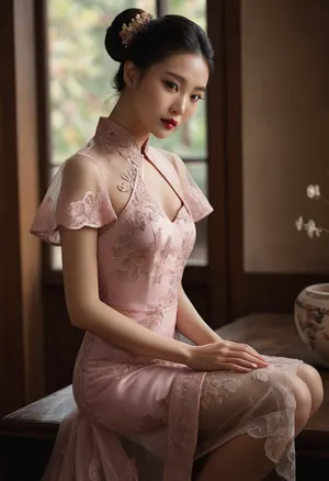 A stunning Asian woman with flawless porcelain skin and delicate facial features, including soft, natural eyebrows and subtle pink blush enhancing her cheeks. Her eyes are almond-shaped, adorned with expertly applied light eye makeup featuring soft brown eyeshadow and perfectly winged eyeliner, complemented by long, fluttery lashes. Her lips are full and painted with a rich berry-red lipstick, adding a touch of elegance.

Her hair is styled in a loose, elegant bun at the nape of her neck with gentle waves softly framing her face, adding softness and sophistication to her overall look.

She poses gracefully with one knee bent and foot resting on a lace-covered table, her body angled sideways to emphasize the curves of her figure. She holds a delicate, pale pink folding fan partially open in front of her face, suggesting mystery and charm.

Her outfit consists of a silky, pale pink cheongsam-style dress with intricate floral patterns softly embossed into the fabric. The dress features a high mandarin collar and short sleeves, with daring lace-up cutouts along the side, revealing smooth skin beneath. She pairs this with sheer, white fishnet stockings that extend to mid-thigh, adding a delicate contrast.

The setting includes soft, warm natural light streaming through a window, casting gentle reflections and highlights on her skin and the shiny fabric of her dress, creating a luminous and ethereal atmosphere. The background is softly blurred in neutral beige tones with subtle lace textures, maintaining focus on her elegance and the fine details of the outfit, hair, and makeup.