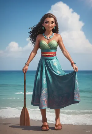 Adult Moana, Polynesian explorer and wayfinder, strong and athletic build with graceful curves, warm brown skin, long flowing wavy dark brown hair, expressive brown eyes, confident and determined expression. Wearing an updated adventurer’s outfit inspired by her Polynesian heritage, decorated red-and-cream woven top, patterned skirt with sash, shell and bead jewelry, barefoot or in simple sandals. Holding an oar or staff, standing proudly at the prow of a canoe on turquoise ocean waves with islands in the distance. Highly detailed, ultra-realistic Disney-inspired fantasy art, vibrant colors, cinematic heroic atmosphere.