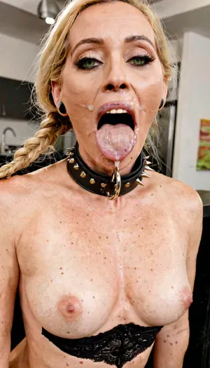 Guénola, sexy 48 years old, MILF, green eyes, open mouth, wide open big eyes, adult body, ((small round breasts:1.5)), blond hair, one long loose braid on shoulder, (sharp clear big face), (detailed face), dog collar with spikes, creole earrings, quarter-cup bra, black lace, (nude tits visible), expose tits, breast grabbing, dynamic positions, high heels, big cock towards face, dramatic light, dynamic view, QuarterCup, extreme high qualitative, 8k, master, iphone16, professional, <lora:236276_training_data:.9>