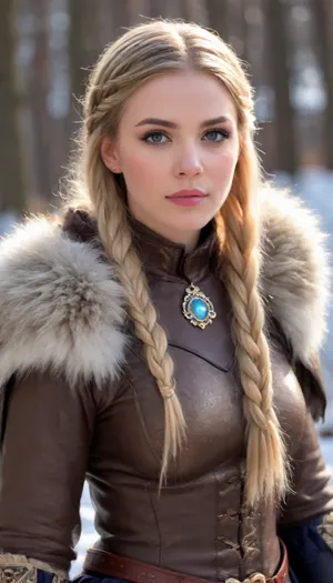 A fiercely proud Nordic girl stands, her presence exuding unwavering strength. Her blonde braids cascade down her back, framing a face marked by determination and resilience. This stunning portrait captures her piercing blue eyes, reflecting the icy landscapes of her homeland. The intricate details of her embroidered Viking armor and fur-lined cloak speak of her warrior spirit. This high-quality painting seamlessly combines power and grace, drawing the viewer into the captivating story of a fierce Nordic warrior princess. body manipulations, divine proportion, non-douche smile, gaze into the camera, holographic shimmer, whimsical lighting, enchanted ambiance, soft textures, imaginative artwork, ethereal glow, silent Luminescence, whispering Silent, iridescent Encounter, vibrant background, full body, (((rule of thirds))), high quality, high detail, high resolution, (bokeh:2), backlight, (long exposure:2)