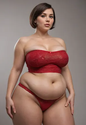 forty-year-old woman, (obese:1.5), Helen Parr, ultra detailed, masterpiece, best quality, extremely detailed, sharp focus, bob cut hair, beautiful eyes, ((braless)), ((red, sexy, wide, big, pantybriefs, full brief, high-waist, high-cut, full coverage, highleg, panties:1.3)), parted lips, full lips, plump pubis