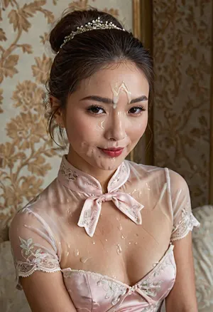 Face Closeup, makro, A stunning Asian woman with flawless porcelain skin and delicate facial features, including soft, natural eyebrows and subtle pink blush enhancing her cheeks. Her eyes are almond-shaped, adorned with expertly applied light eye makeup featuring soft brown eyeshadow and perfectly winged eyeliner, complemented by long, fluttery lashes. Her lips are full and painted with a rich berry-red lipstick, adding a touch of elegance.

Her hair is styled in a loose, elegant bun at the nape of her neck with gentle waves softly framing her face, adding softness and sophistication to her overall look.

Her outfit consists of a silky, pale pink cheongsam-style dress with intricate floral patterns softly embossed into the fabric. The dress features a high mandarin collar and short sleeves, with daring lace-up cutouts along the side, revealing smooth skin beneath. She pairs this with sheer, white fishnet stockings that extend to mid-thigh, adding a delicate contrast.

The setting includes soft, warm natural light streaming through a window, casting gentle reflections and highlights on her skin and the shiny fabric of her dress, creating a luminous and ethereal atmosphere. The background is softly blurred in neutral beige tones with subtle lace textures, maintaining focus on her elegance and the fine details of the outfit, hair, and makeup., ((She poses after a bukkake party where she was sprayed by dozens of cocks. She shows all the the cum in her face as a trophy, face soaked in cum, Cum is everywhere, mouth full of cum, flowing to her chin, tries to swallow cum, cum on her clothes, cum on her face, cum in her hair. She has an orgasm face and is tired, smiles satisfied, woman, on, face, bukkake, cum)), facial, on, face, breasts, stomach, covered, in, perfect, facialized, superfacialized, <lora:Men'sFacialV3.8:1.9>, <lora:JustCum:2>, <lora:Facials:1.8>, <lora:facialized:2>