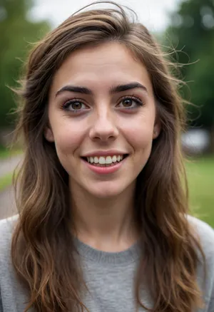 a british girl in her early twenties with goofy teeth, short, verry long messy brown hair, cute, thick eyebrows