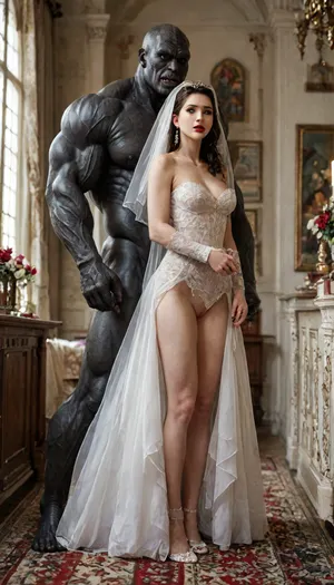(score_9, score_8_up, score_7_up, UHD 8K, masterpiece, best quality, maximum details, natural light, extreme realism, cinematic still), (wide full body shot:1.7), Beautiful brunette white woman, (cheating bride:1.5), (pale skin:1.5), (decorated luxurious bedroom), wedding veil, frazetta barbarian slave art, stockings, shocked, frightened, interracial, (gigantic African black brute thug, huge trunklike arms, huge head, hyper muscular body:1.6), (wearing alabama slave clothes:1.2), low light, open mouth, red lipstick, no makeup, open tits, big tits, big ass, slim, detailed blue eyes, vaginal sex, standing sex at wall, doggystyle, side view, <lora:detailed_notrigger:2>, <lora:add-detail-xl:1.9>, <lora:LCMTurboMix_Euler_A_fix:2>, <lora:JuggerCineXL2:1.9>, <lora:677862_training_data:1.9>
