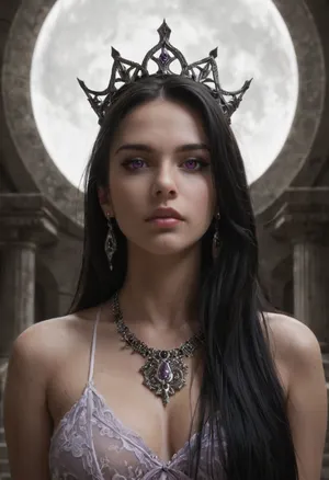 Shar, goddess of darkness and loss from Forgotten Realms, mysterious and terrifyingly beautiful, tall and commanding divine figure with an aura of shadow. Pale flawless skin with a faint violet hue, long flowing raven-black hair that moves like living shadow, piercing violet eyes glowing with cold intensity. Wearing flowing black and deep purple robes adorned with silver runes, shadowy tendrils swirling around her form. A crown of dark crescent moons above her head, black aura radiating void-like energy. Standing in a temple of shadow with obsidian pillars and starless night sky, contrasted only by faint moonlight. Highly detailed, ultra-realistic dark fantasy art, cinematic divine atmosphere, ominous and majestic.