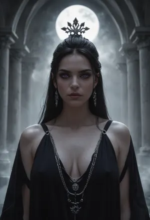 Shar, goddess of darkness and loss from Forgotten Realms, mysterious and terrifyingly beautiful, tall and commanding divine figure with an aura of shadow. Pale flawless skin with a faint violet hue, long flowing raven-black hair that moves like living shadow, piercing violet eyes glowing with cold intensity. Wearing flowing black and deep purple robes adorned with silver runes, shadowy tendrils swirling around her form. A crown of dark crescent moons above her head, black aura radiating void-like energy. Standing in a temple of shadow with obsidian pillars and starless night sky, contrasted only by faint moonlight. Highly detailed, ultra-realistic dark fantasy art, cinematic divine atmosphere, ominous and majestic.