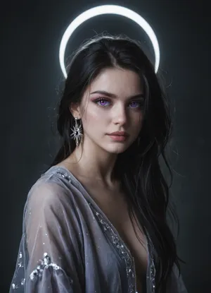 Selûne and Shar, twin goddesses of light and darkness from Forgotten Realms, depicted together in eternal celestial conflict.
Selûne, radiant and ethereal, glowing silver-blue skin, long flowing silver-white hair, silver eyes full of compassion, wearing flowing midnight-blue and silver robes adorned with constellations, glowing crescent moon halo behind her, surrounded by radiant starlight.
Shar, dark and mysterious, pale violet-tinged skin, long flowing raven-black hair, piercing violet eyes, wearing shadowy black and purple robes embroidered with runes, surrounded by swirling void-like shadows, crowned with a dark crescent moon.
They stand facing each other on a cosmic battlefield, half bathed in moonlight and stars, half swallowed in shadow and void. Epic high-fantasy scene, ultra-realistic divine figures, cinematic lighting, richly detailed atmosphere of light vs. dark.