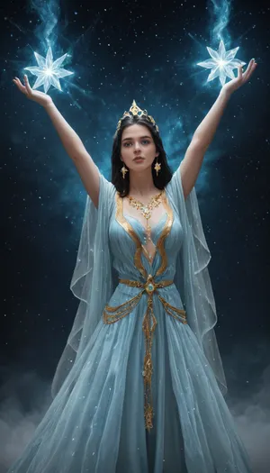 Mystra, goddess of magic from Forgotten Realms, radiant and majestic divine figure embodying the Weave. Tall and graceful with an aura of raw magical power, luminous skin glowing with faint blue light, long flowing dark hair with shimmering silver strands, piercing glowing blue eyes filled with wisdom. Wearing flowing robes of midnight blue and silver embroidered with arcane runes and stars, adorned with a radiant crown of starlight. Arcane symbols and spell sigils swirling around her hands, strands of the Weave stretching like glowing threads across the air. Standing in a celestial realm of swirling stars and magical energy, spellbooks and constellations floating in the background. Ultra-realistic, highly detailed high fantasy divine art, cinematic and mystical atmosphere.