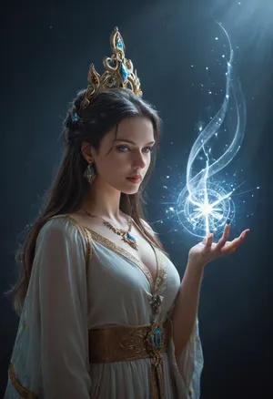 Mystra, goddess of magic from Forgotten Realms, radiant and majestic divine figure embodying the Weave. Tall and graceful with an aura of raw magical power, luminous skin glowing with faint blue light, long flowing dark hair with shimmering silver strands, piercing glowing blue eyes filled with wisdom. Wearing flowing robes of midnight blue and silver embroidered with arcane runes and stars, adorned with a radiant crown of starlight. Arcane symbols and spell sigils swirling around her hands, strands of the Weave stretching like glowing threads across the air. Standing in a celestial realm of swirling stars and magical energy, spellbooks and constellations floating in the background. Ultra-realistic, highly detailed high fantasy divine art, cinematic and mystical atmosphere.