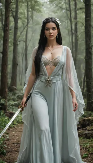 Female elven bladesinger, graceful and deadly warrior-mage, tall and slender athletic build, ethereal beauty with pointed ears, long flowing silver or dark hair, piercing luminous eyes. Wearing elegant enchanted elven armor mixed with flowing robes embroidered with arcane runes, shimmering with faint magical light. Wielding a finely crafted elven longsword glowing with runes, dancing through battle with fluid motion as spell sigils swirl around her. Standing in a moonlit forest clearing or atop ancient elven ruins, surrounded by glowing arcane wards. Ultra-realistic high fantasy art, highly detailed, cinematic magical atmosphere, mystical and heroic.