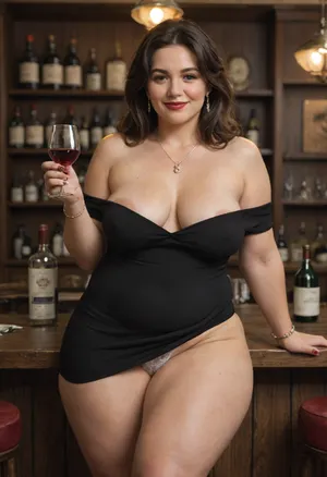 score_9, score_8, 1girl, dress, sagging, breasts, jewelry, cup, solo, drinking_glass, alcohol, necklace, underwear, bottle, panties, wine_bottle, wine_glass, black_hair, black_minidress, long_hair, smile, medium_breasts, bracelet, bar_, (place), earrings, bare_shoulders, indoors, wine, white_panties, makeup, holding, looking_at_viewer, pantyshot, thighs, red_lips, black_nails, lipstick, off_shoulder, holding_cup, off-shoulder_dress, mature_female, Italian, bbw woman, (obese:1.2), (cellulite:1.2)