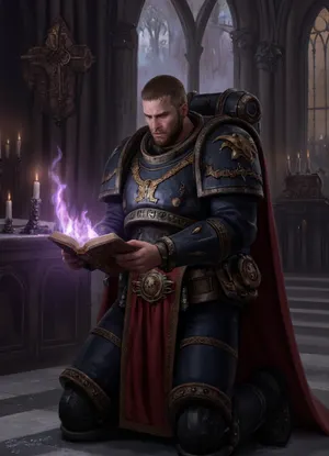 Gothic mood, Warhammer 40k, male space marine librarian reads forbidden magic tome by candlelight, bearded face is covered in scars, kneeling in vast Gothic cathedral near dark altar, wearing massive power armor with red cape, the forbidden tome burns with violet fire, the floor and walls are covered with frost, grim dark mood, photorealistic, masterpiece, 8k, adeptusastartes, <lora:adeptusastartes:.8>