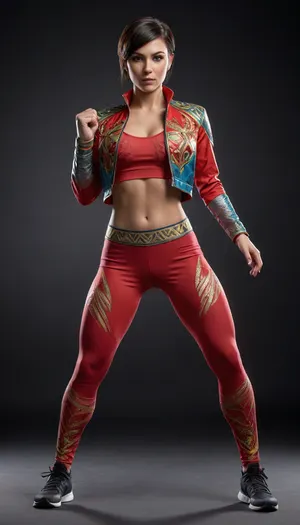 full-body render of an athletic woman in a dynamic fighting stance, colorful embroidered cropped jacket with geometric patterns, sleek red leggings with metallic trims and leaf motifs, sports bra top, fingerless gloves, short dark hair with a bright feather hairpiece, huge breat, showing cleavage, confident expression, dramatic rim lighting, ultra-detailed fabric, high-end video game character art, studio black background, 3D key art, (8k

Steps:30), • CFG, 6.5–8 • Sampler, DPM++ 2M Karras • Size, (832x1216 • Seed:123456)