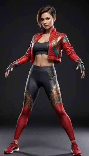 full-body render of an athletic woman in a dynamic fighting stance, colorful embroidered cropped jacket with geometric patterns, sleek red leggings with metallic trims and leaf motifs, sports bra top, fingerless gloves, short dark hair with a bright feather hairpiece, huge breat, showing cleavage, confident expression, dramatic rim lighting, ultra-detailed fabric, high-end video game character art, studio black background, 3D key art, (8k

Steps:30), • CFG, 6.5–8 • Sampler, DPM++ 2M Karras • Size, (832x1216 • Seed:123456)