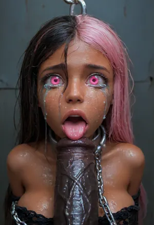 18 year old PETITE EBONY BIMBO CUTIE WITH HUGE ROUND FAKE BREASTS IS MIND CONTROLLED IN A DARK ALLEY, BROWN SKIN BIMBO IS HYPNOTIZED TO BE A CUM SLAVE FOR VIEWER'S hyper gigantic MASSIVE BLACK HORSEcock, SHE'S HYPNOTIZED BY VIEWER TO BE EXTREMELY DESPERATE AND TERRIFIED OF HIS gigantic thick BLACK HORSEcock, UHD 8K, extreme realism, maximum detail, PERFECT WET BROWN SKIN, RANDOM VIEW ANGLE, RANDOM POSE, HYPNOSIS, BDSM, SHOCKED EXPRESSION, (INTENSE SAD CRYING:1.9), BUKKAKE, (MESSY long MULTICOLOR hair, RANDOM HAIR STYLE), (YOUNG EBONY HOTTIE BIMBO WITH ENORMOUS SILICONE TITS IS OBSESSED WITH VIEWER'S ENORMOUS BLACK HORSECOCK:1.3), (she is DISGUSTED WHILE kissing the tip of HIS MASSIVE BLACK HORSEcock and licking the cum:1.1), SHE'S DISGUSTED BY HUGE BLACK HORSEcock, SUPER EXCITED eyes GLOWING WITH INTENSE SHOCK, EYES WIDE OPEN IN SHOCK, (BRIGHT GLOWING MINDLESS PINK eyes:2), she is HYPNOTIZED TO WORSHIP VIEWER'S MASSIVE BLACK HORSECOCK, EXTREME BUKKAKE BY HUGE BLACK HORSECOCKS, EXCITED SHOCKED extreme orgasm face, (EXTREME AHEGAO FACE:1.8), lots of thick runny cum on her EBONY BIMBO face and lips and chin and forehead, (tinkerbell99, aged 20), SUPER FIT BLACK BIMBO BODY, WEARING FISHNET CATSUIT, (SHE'S WEARING A SLAVE COLLAR RESTRAINED BY CHAINS:1.3), (VERY BIG ROUND FAKE BIMBO BOOBS), EXTREME HYPER BUKKAKE, perfect composition of lights and shadows, (After massive bukkake cum), dynamic, the brightest image, clear focus, depth of field, 32k, 30 mm lens, 1/250 s, f/2.8, ISO 300, excessive thick runny cum on face, lots of cum on breasts, lots of cum on hair, cum in mouth, close-up, cowboy, shot, high, angle, skinny, body, igbaddie, tongue, out, ahegao, drool, melanin, <lora:JustCum:2>, <lora:cum_in_eye_deepmind:2>, <lora:igbaddie-XL:2>, <lora:ahegao_mr_chrisma:2>, <lora:melanin-XL:2>