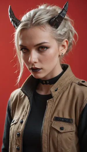 score_9_up, score_9, score_8_up, score_8, score_7_up, score_7, cinematic lighting, raw, high quality, 4k resolution, absurdres, masterpiece, dynamic lighting, high contrast, detailed face, sinozick style, 1girl, solo, (cute), (pale skin:1.2), (red eyes), (black sclera), black makeup, black lipstick, (white hair:1.2), short hairs, braided hairstyle, ponytail hairstyle, looking at viewer, (jacket:1.1), model pose, (cyberpunk horns:1.1), (model pose:1.3), (deep red background), sketchy background